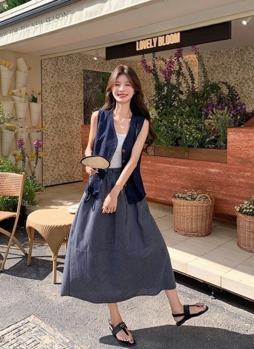 Denim Vest And Striped Skirt Two Piece Set