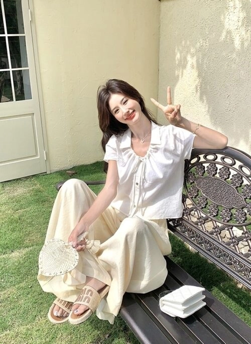 Drawstring Shirt And Wide Leg Pants Casual Set