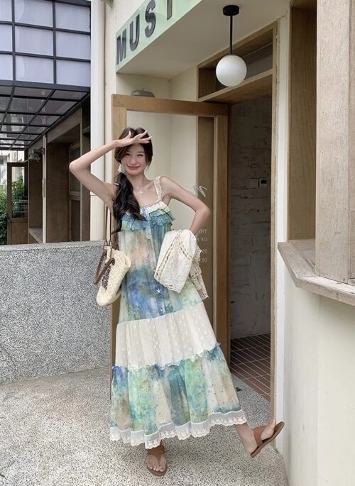 Elegant Lace Up Layered Maxi Dress Set
