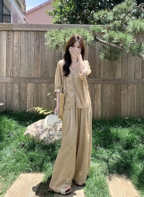 Elegant V Neck Cardigan Wide Leg Pants Set
