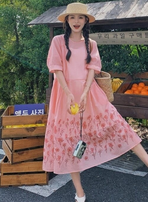 Floral Pink Vacation Style Sweet Slim Dress Set