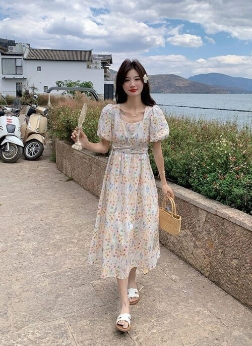 Floral Vacation Puff Sleeve Waist Slimming Dress