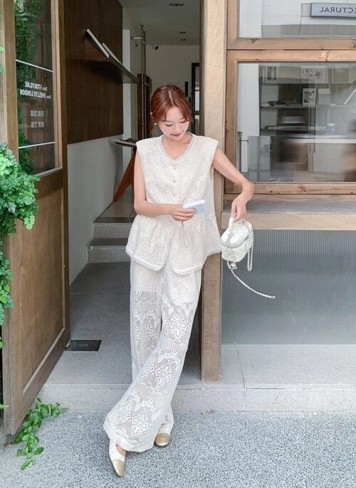 French Lace Vest And Wide Leg Pants Set
