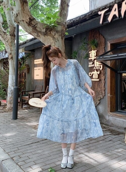 French Light Blue Chiffon Floral Tea Dress