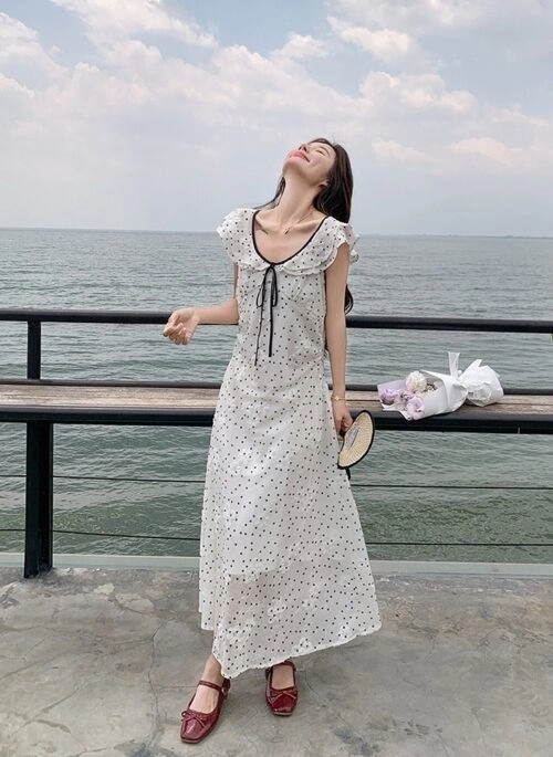French Polka Dot Ruffled Sweet Long Dress