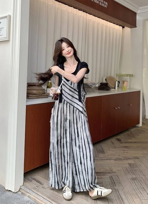 French Striped Loose Fit Wide Leg Overalls