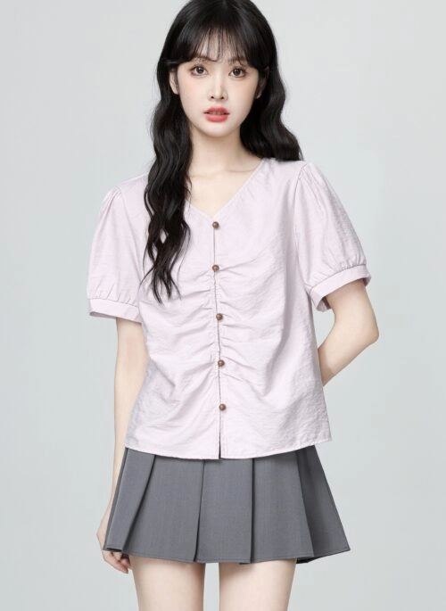 French Style Purple V Neck Puff Sleeve Blouse