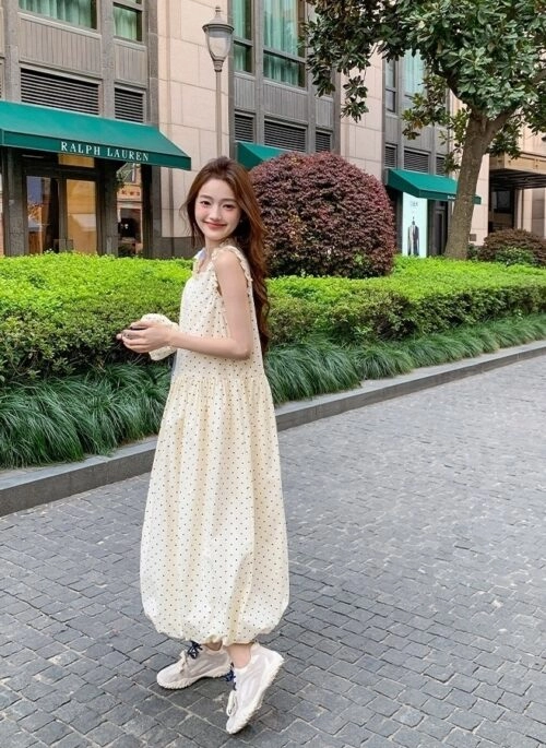 French Sweet Polka Dot Sleeveless Babydoll Dress