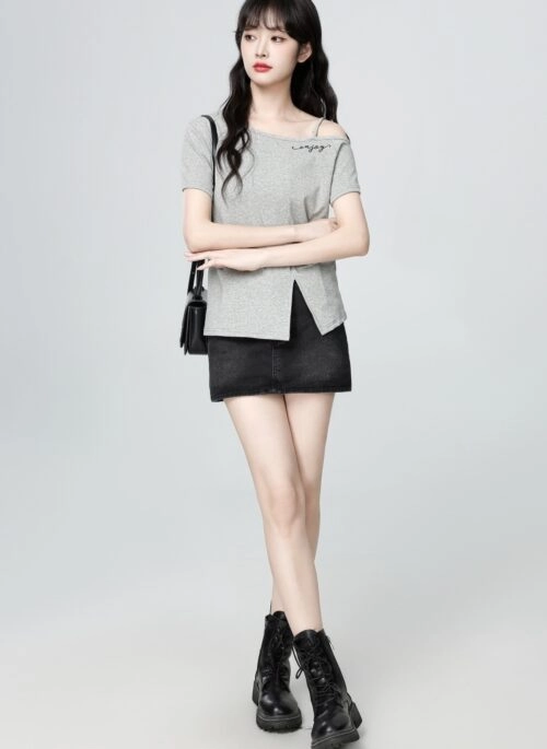 Gray Asymmetrical Off Shoulder Short Sleeve Top
