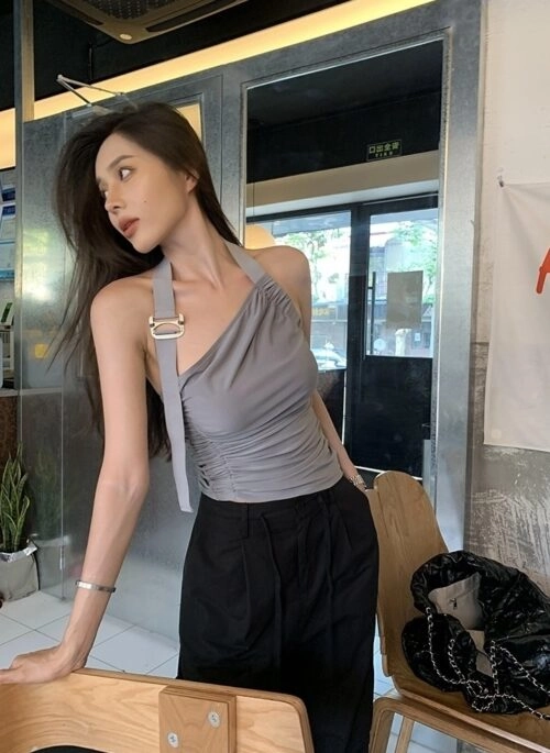Grey Asymmetrical Buckle Strap Top | Yeji - ITZY
