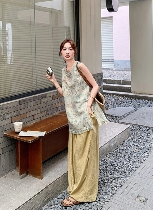 Jacquard Tassel Vest And Wide Leg Pants Set