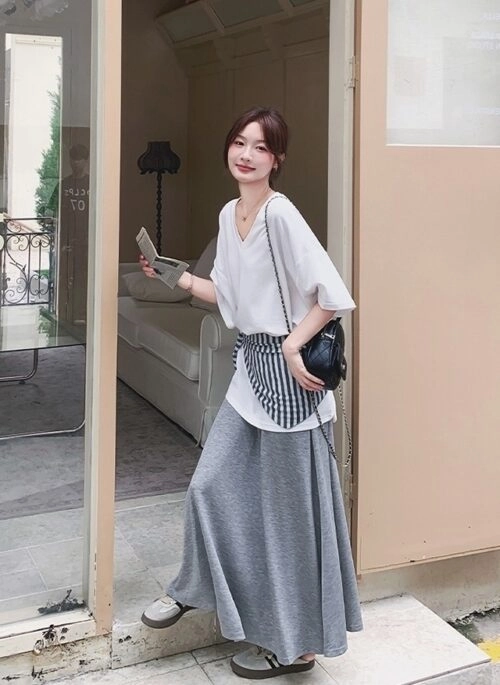 Korean Style Striped Cardigan Set With Skirt