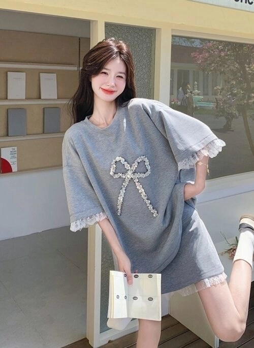 Lace Trim Elegant Summer T Shirt Skirt Set