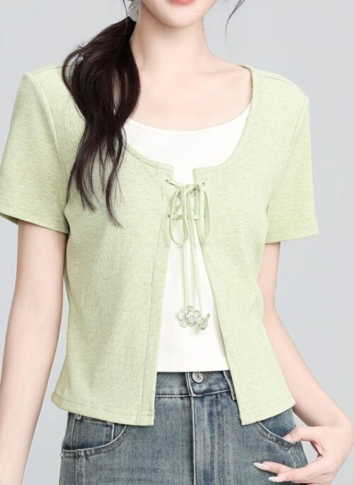 Mint Green Bow Tie Short Sleeve Layered Top
