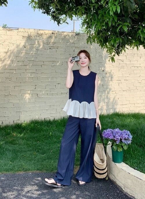Navy Patchwork Vest And Wide Leg Pants Set