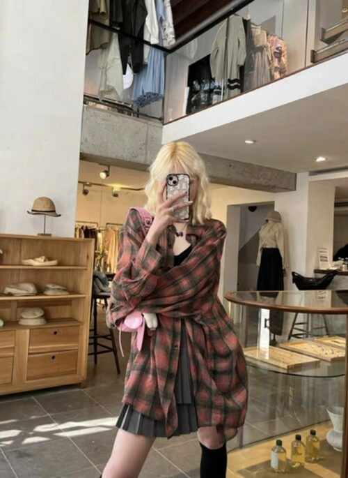 Pink Plaid Oversized Shirt | Han – Stray Kids