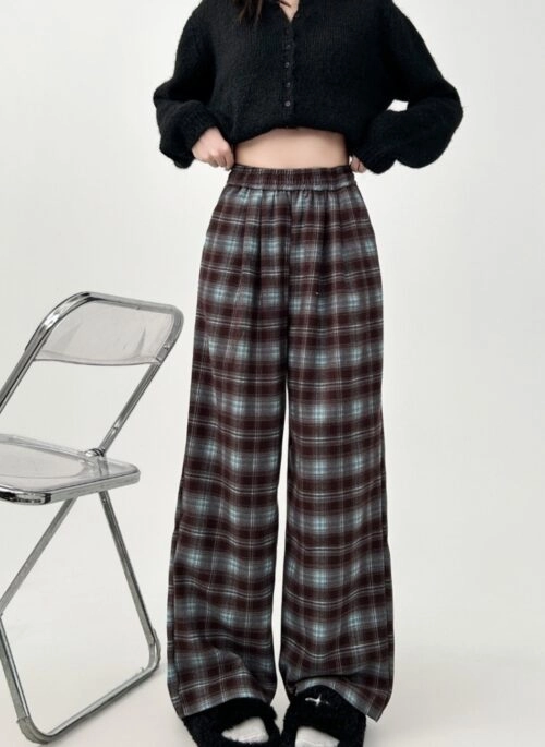 Plaid Casual Wide Leg Vintage Relaxed Fit Pants