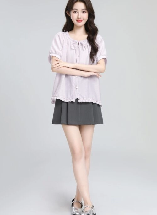 Purple Bow Tie Puff Sleeve Short Sleeve Blouse