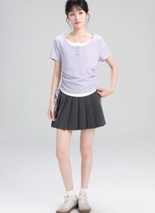 Purple Ruched Drawstring Short Sleeve Layered Top