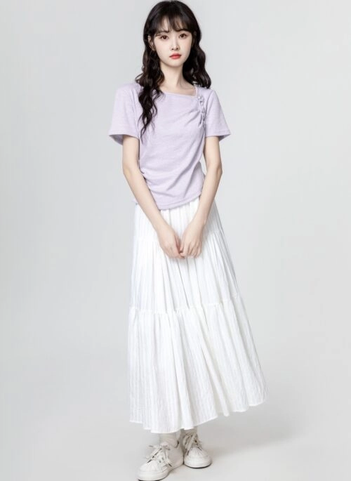 Purple Ruched Floral Design Short Sleeve Top
