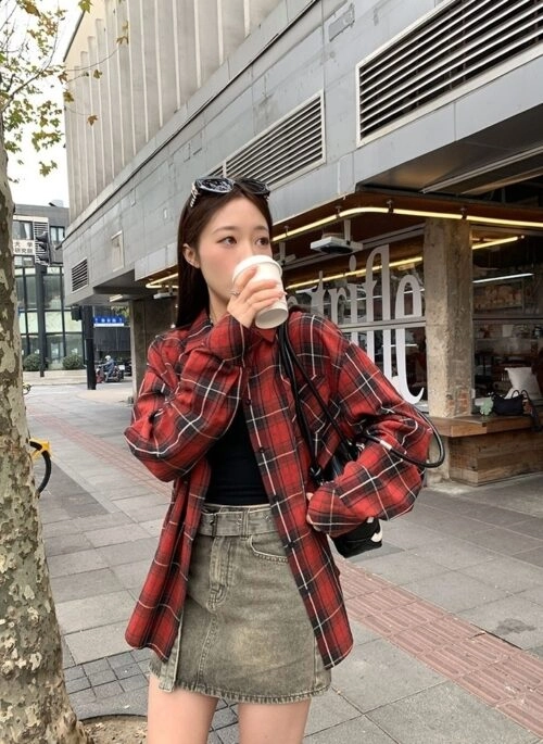 Red Oversized Plaid Shirt | Kim Mi Kyung – The Potato Lab