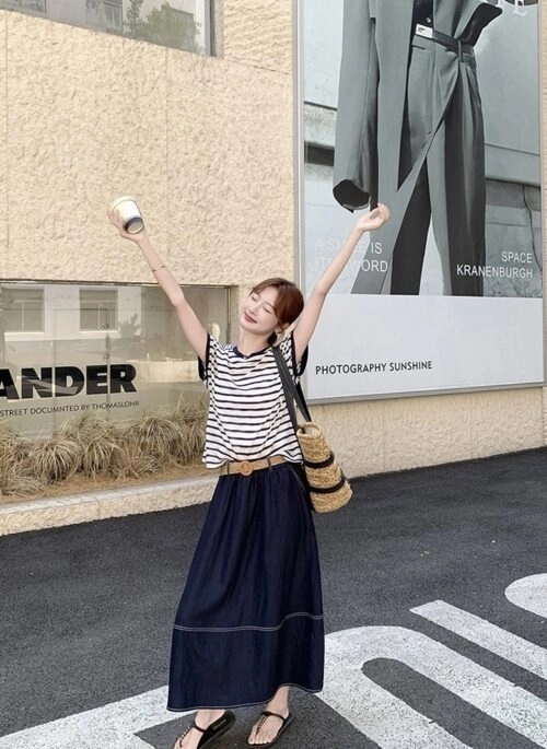 Striped Denim Skirt And Short Sleeve Top Set