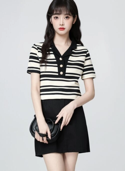 Striped Short Sleeve Polo Shirt Casual Summer Top
