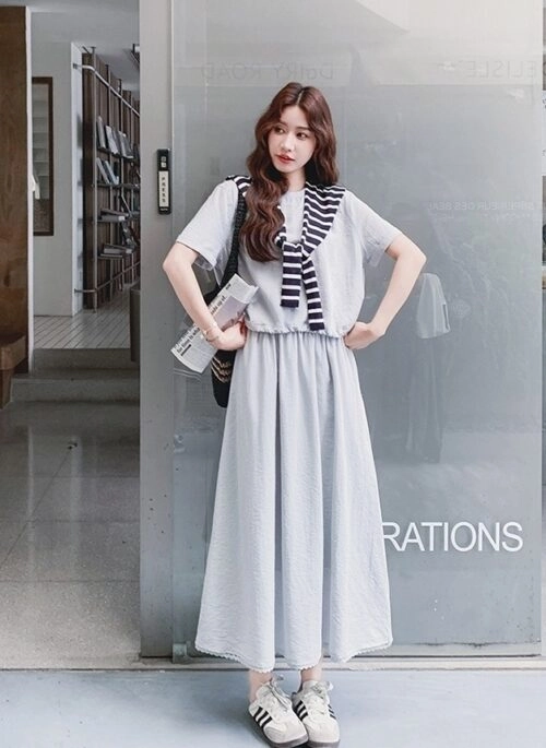 Striped Short Sleeve T Shirt And Skirt Set