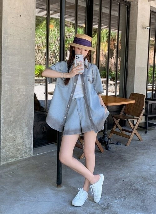 Vintage Ombre Denim Shorts And Top Set