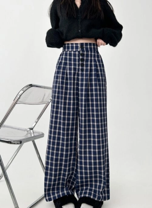 Vintage Plaid Wide Leg Casual Trousers