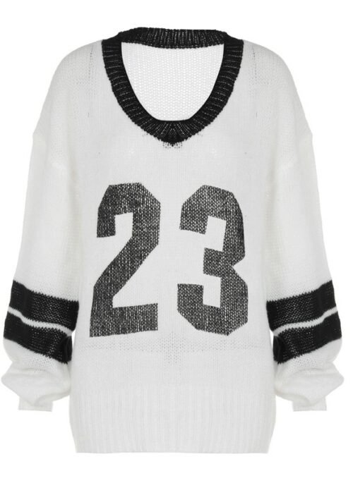 White Graphic Number Jersey Style Sweater | Minju – ILLIT
