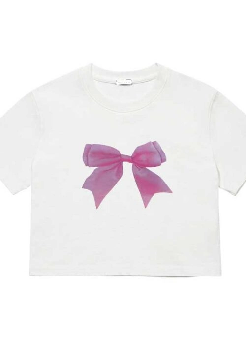 White Ribbon Print Cropped T-Shirt | Minnie – (G)I-DLE