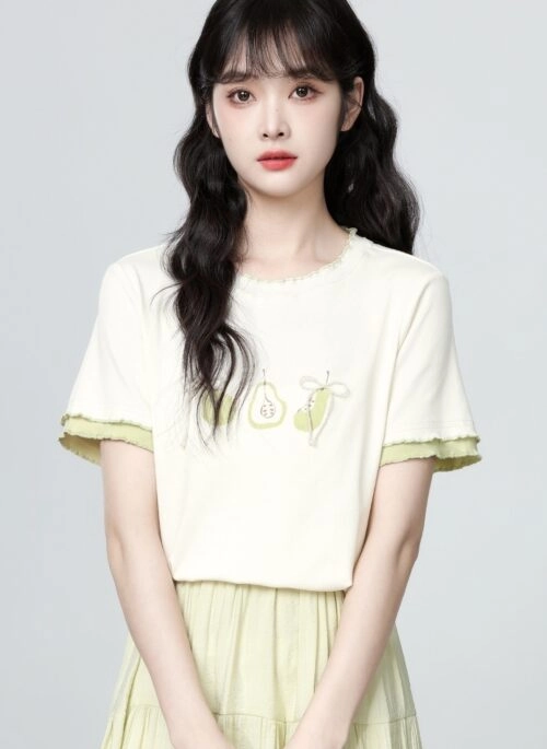 Beige Contrast Ruffle Trim Crew Neck Short Sleeve Tee
