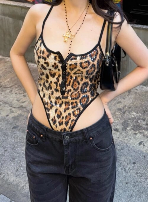 Beige Leopard Pattern Sequins Bodysuit | Megan - KATSEYE