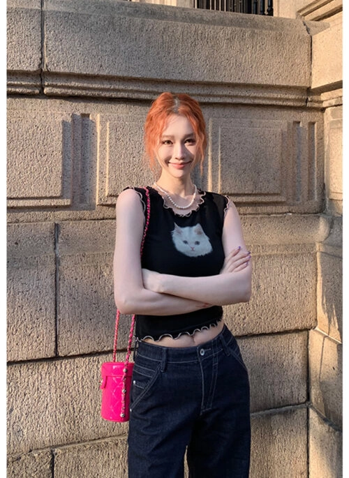 Black Cat Print Lettuce Trim Top | Nayeon – Twice
