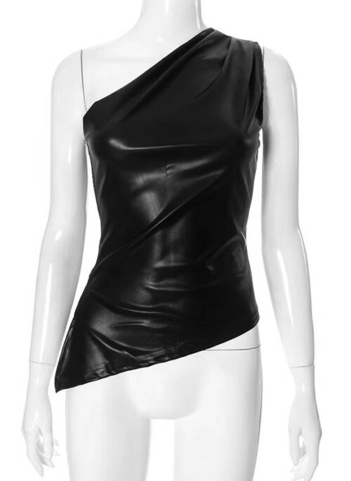 Black Faux Leather One Shoulder Top | Sophia - KATSEYE