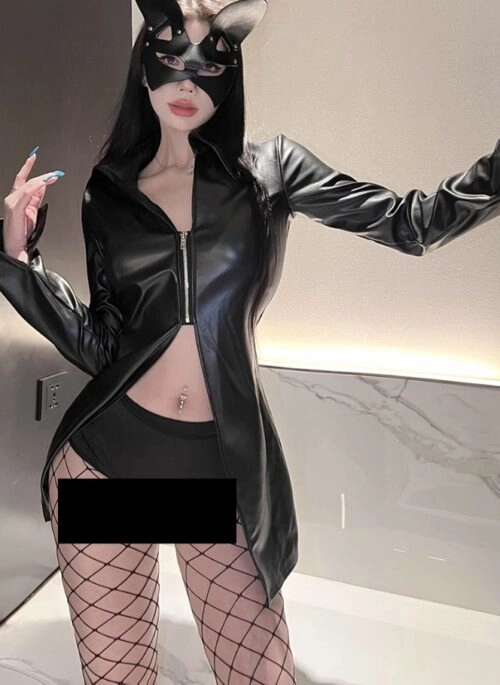 Black Leather Half-Zipped Faux Leather Jacket Set | Megan - KATSEYE