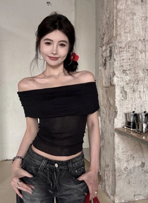 Black See-Through Off-Shoulder Top | Jennie – BlackPink