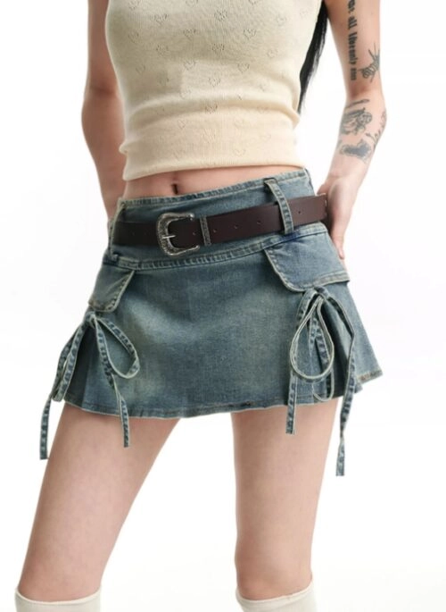 Blue Double Bow Denim Skirt | Megan - KATSEYE