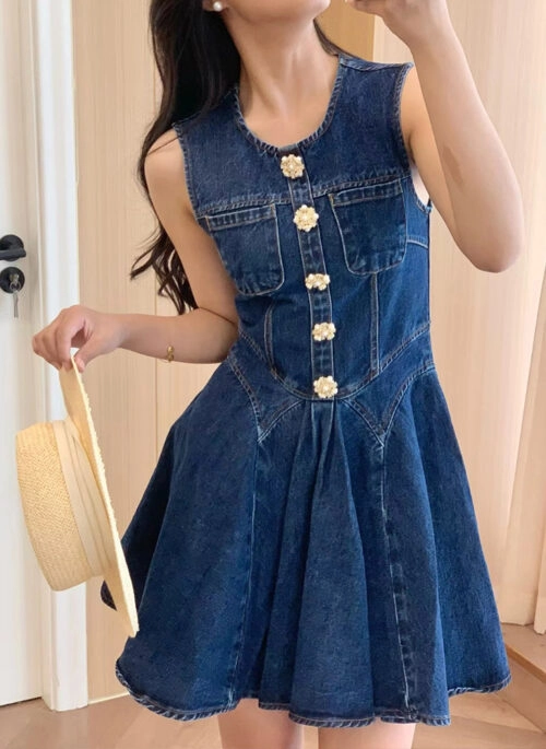Blue Flared Hem Sleeveless Denim Dress | Jisoo – BlackPink