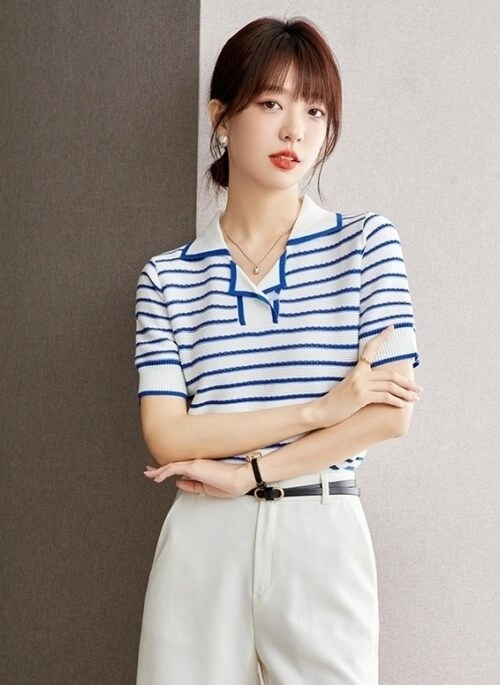 Blue Stripes Double Collar Polo Shirt | Oh Ju Yeong – Resident Playbook