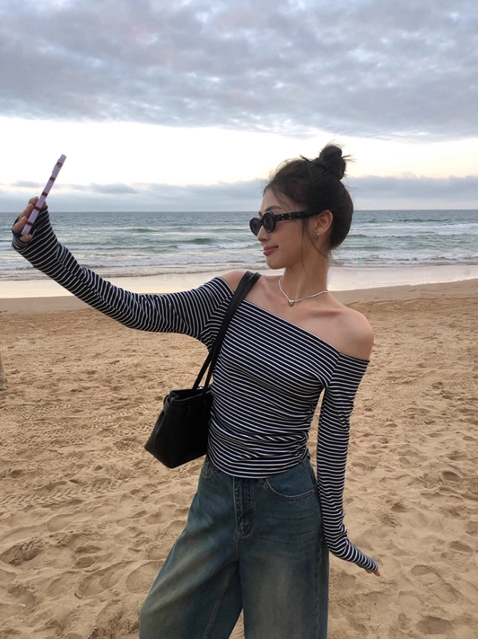 Blue Stripes Off-Shoulder Top Megan KATSEYE Fashion Chingu