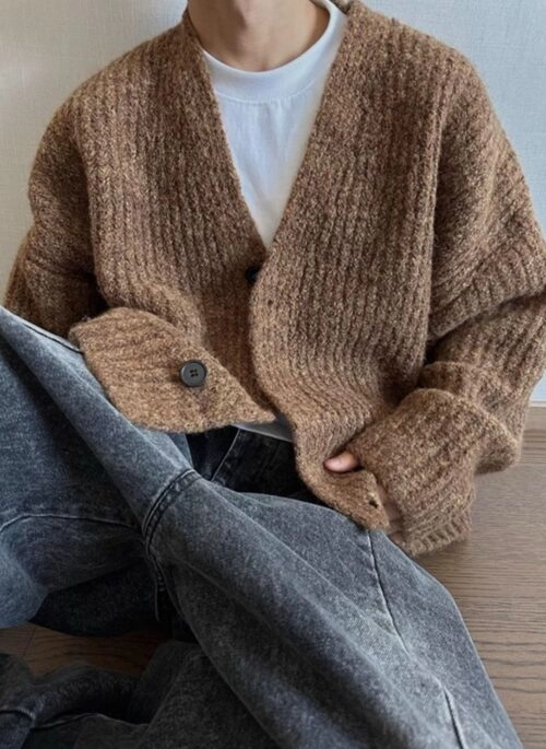 Brown Thick Ribbed Cardigan | Um Jae Il - Resident Playbook