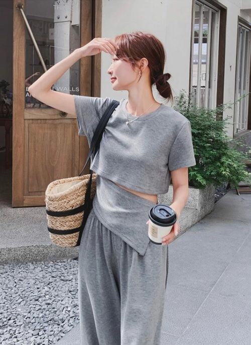 Casual Grey Relaxed Fit T Shirt Wide Leg Pants Set