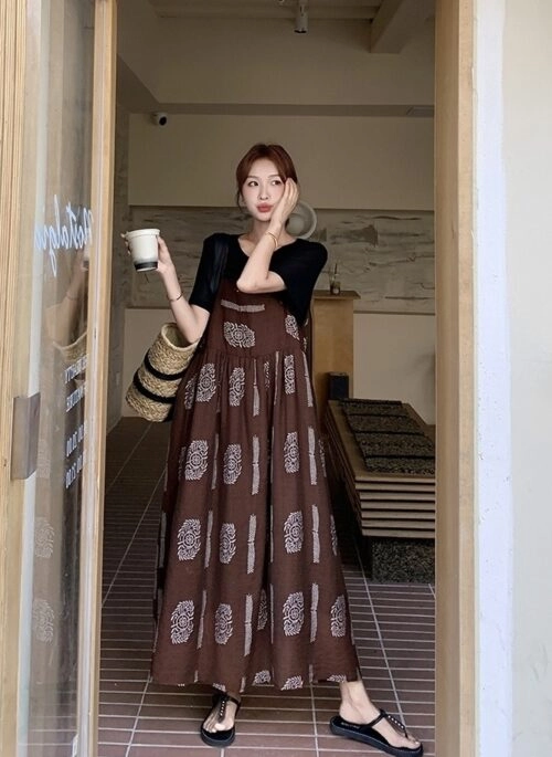 Chic Summer Print Patchwork Dress And Tee Set