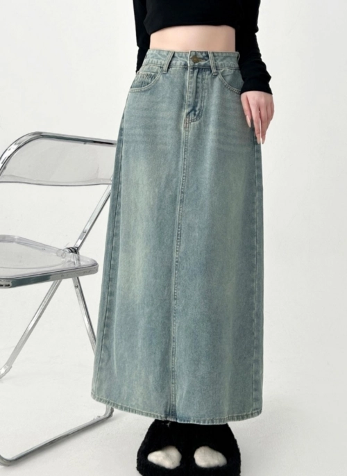 Denim Midi A Line Skirt With Front Slit