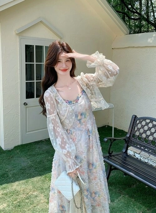 Elegant Lace Embroidered Cardigan And Jacquard Dress Set