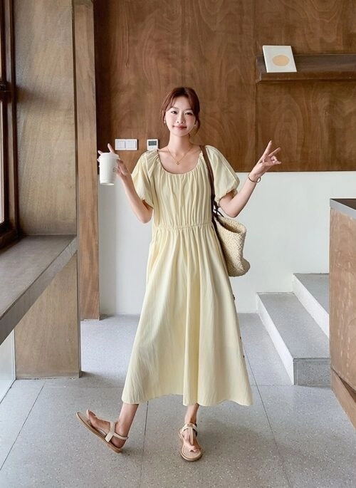 Elegant Puff Sleeve Waist Dress In Light Yellow
