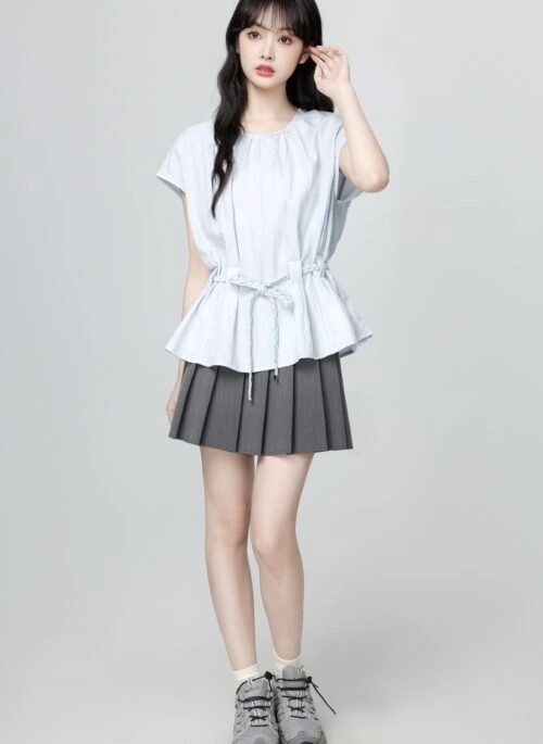 French Style Light Blue Short Sleeve Tie Waist Blouse