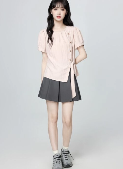 French Style Pink Puff Sleeve Tie Blouse